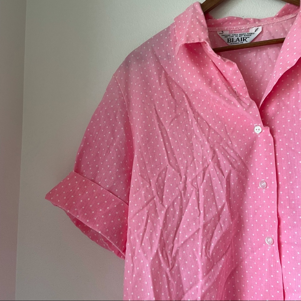 1980s vintage polka dot pink button down blouse size size M/L